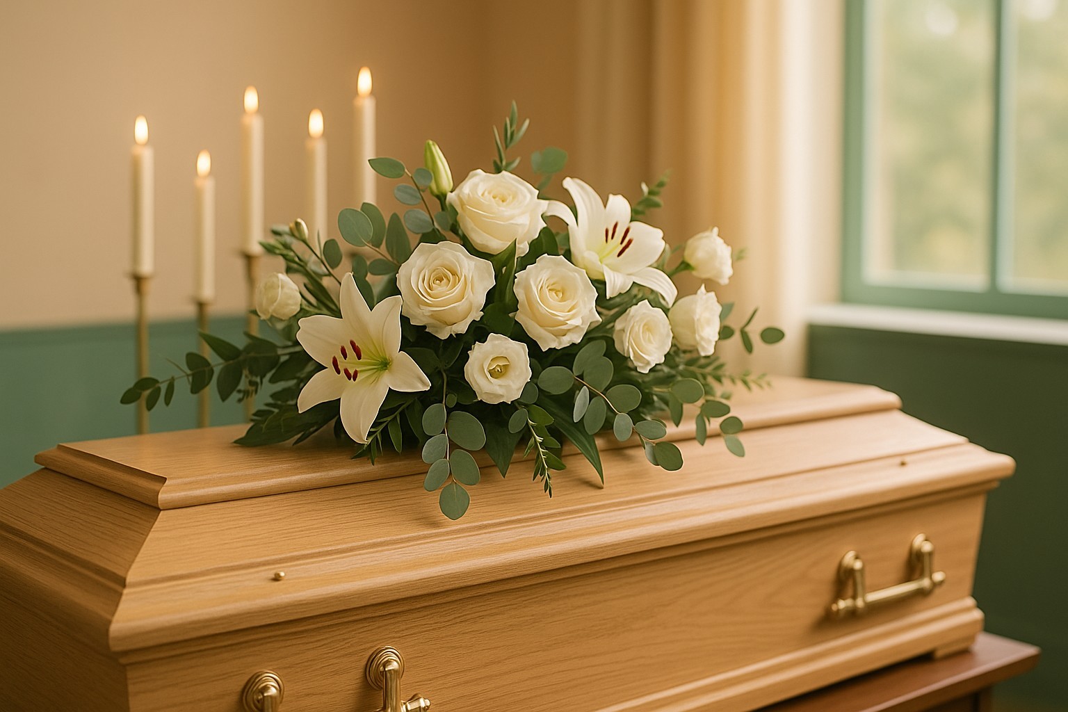 Sarg mit weißen Blumen und brennenden Kerzen, symbolisch für eine Beerdigung oder Trauerfeier in einem Raum mit Fenster.